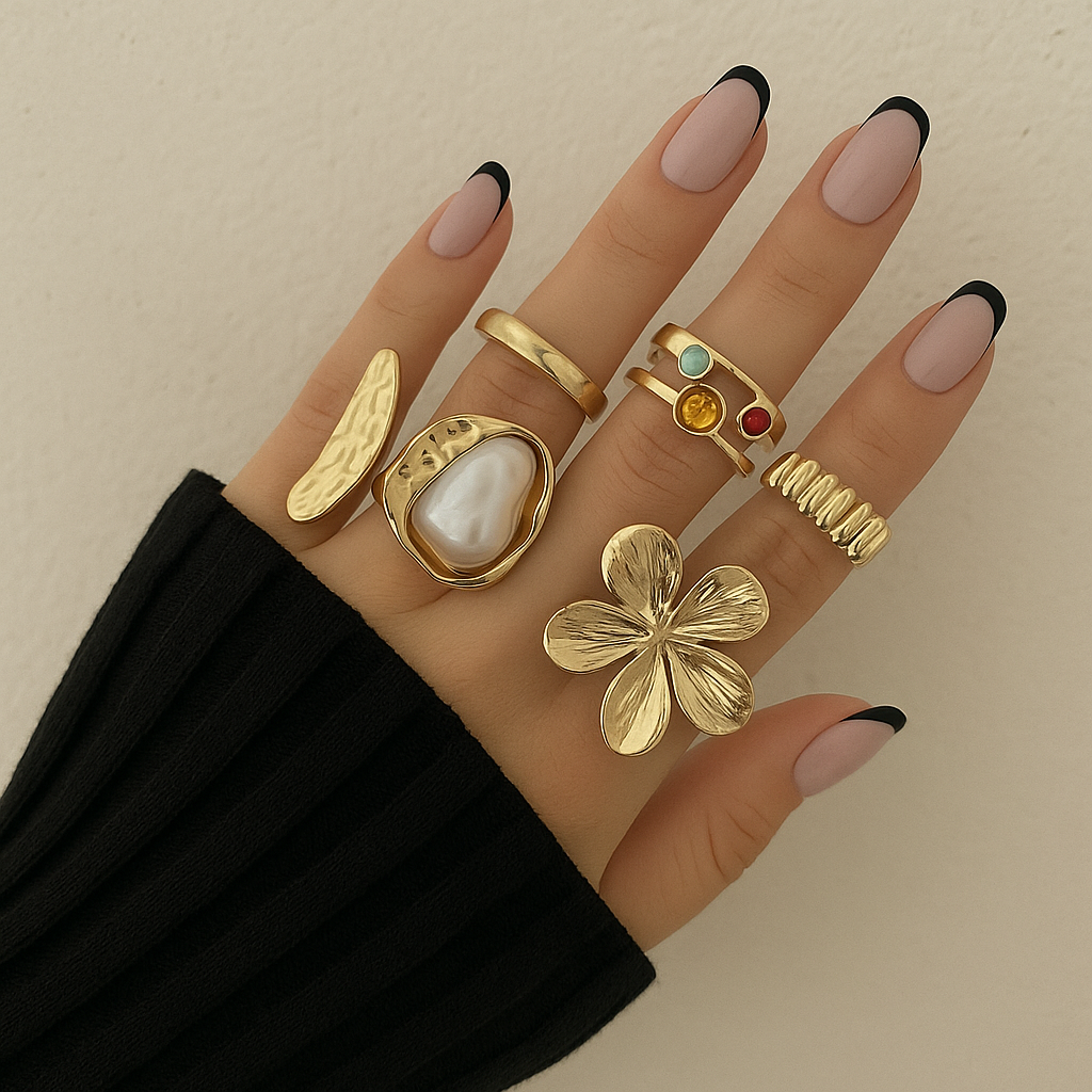 6 pieces/set Vintage Baroque Faux Pearl Women's Ring Set Fashion Exaggerated opening adjustable flower ring