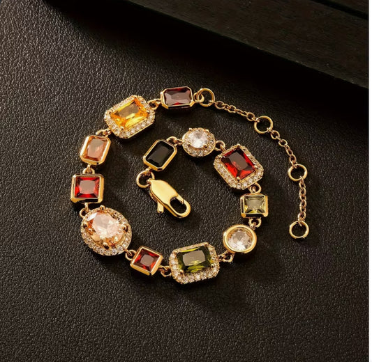 Colorful Hand Chain, Suitable for Men And Women to Wear Colorful Synthetic Fake Gemstone Chain Hand Chain, Copper Golden Plated Hip Hop Jewelry, Valentine'S, Wedding Anniversary And Birthday Gifts